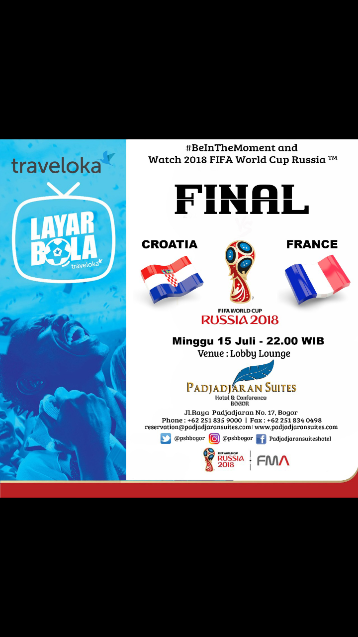 Saksikan Malam Final Piala Dunia 2018 “Kroasia vs Prancis” di Padjadjaran Suites Hotel Bogor